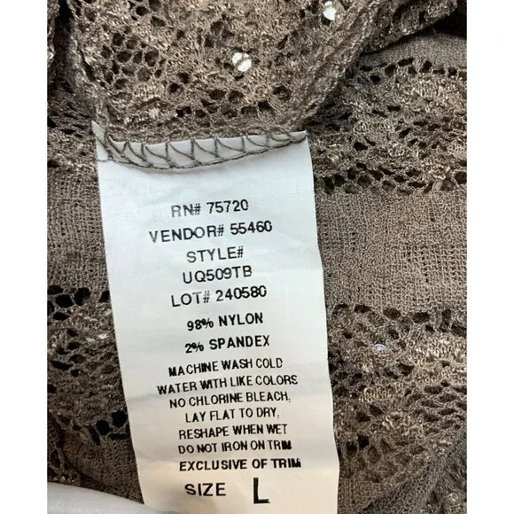 BKE Buckle Burnout Sequin Lace Top Shirt Womens L Taupe Y2K Sheer - Picture 10 of 11